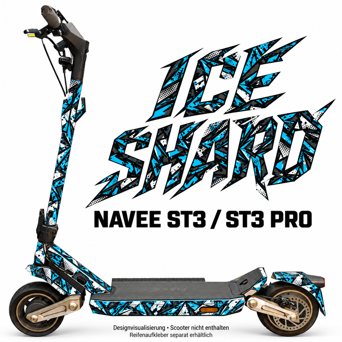 NAVEE ST3 / ST3 Pro Skin – ICE SHARD – Designvisualisierung auf den geprüften ST3-Folienflächen. Scooter nicht enthalten. Reifenaufkleber separat erhältlich.