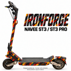 NAVEE ST3 / ST3 Pro Skin – IRONFORGE – Designvisualisierung auf den geprüften ST3-Folienflächen. Scooter nicht enthalten. Reifenaufkleber separat erhältlich.