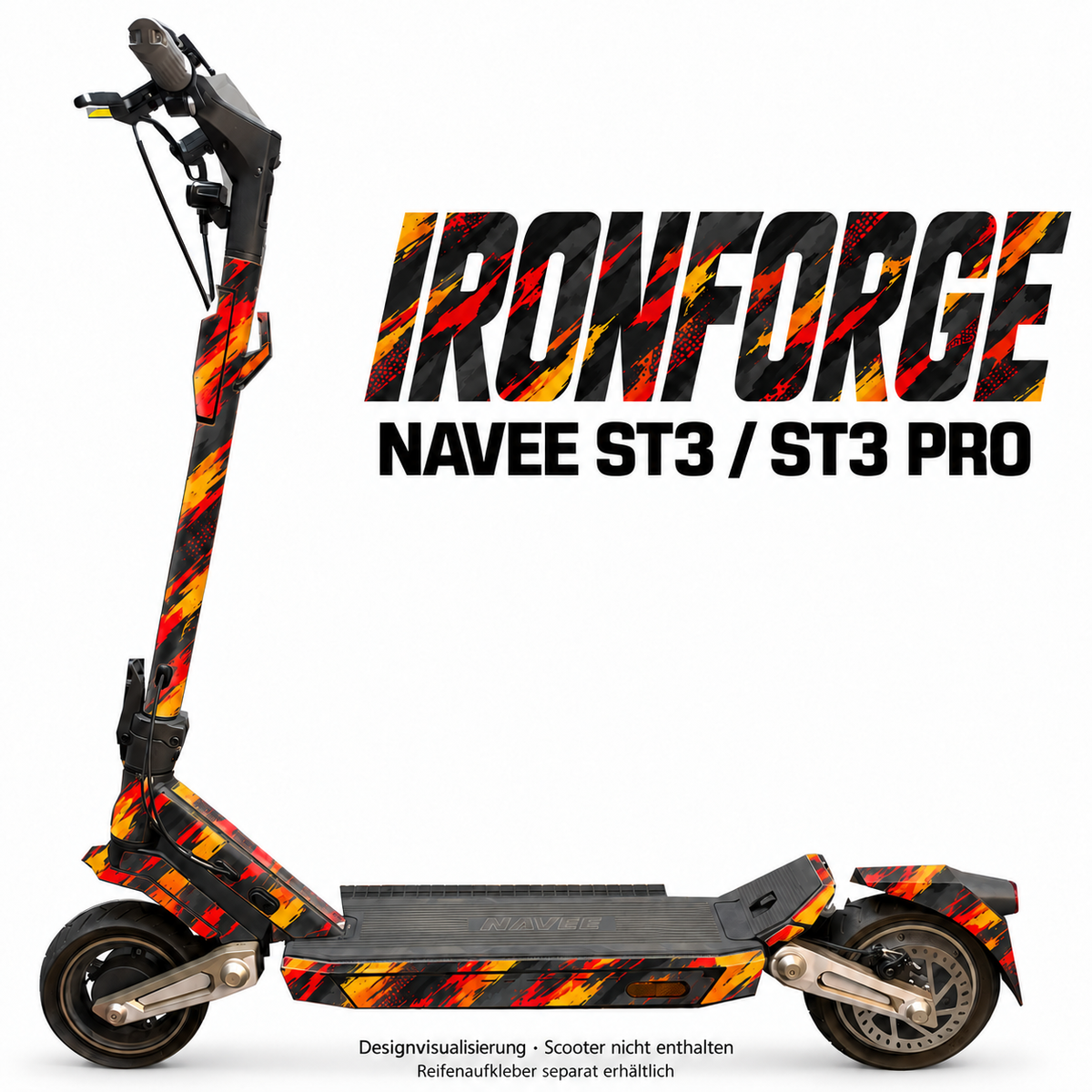 NAVEE ST3 / ST3 Pro Skin – IRONFORGE – Designvisualisierung auf den geprüften ST3-Folienflächen. Scooter nicht enthalten. Reifenaufkleber separat erhältlich.