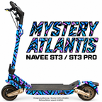 NAVEE ST3 / ST3 Pro Skin – MYSTERY ATLANTIS – Designvisualisierung auf den geprüften ST3-Folienflächen. Scooter nicht enthalten. Reifenaufkleber separat erhältlich.