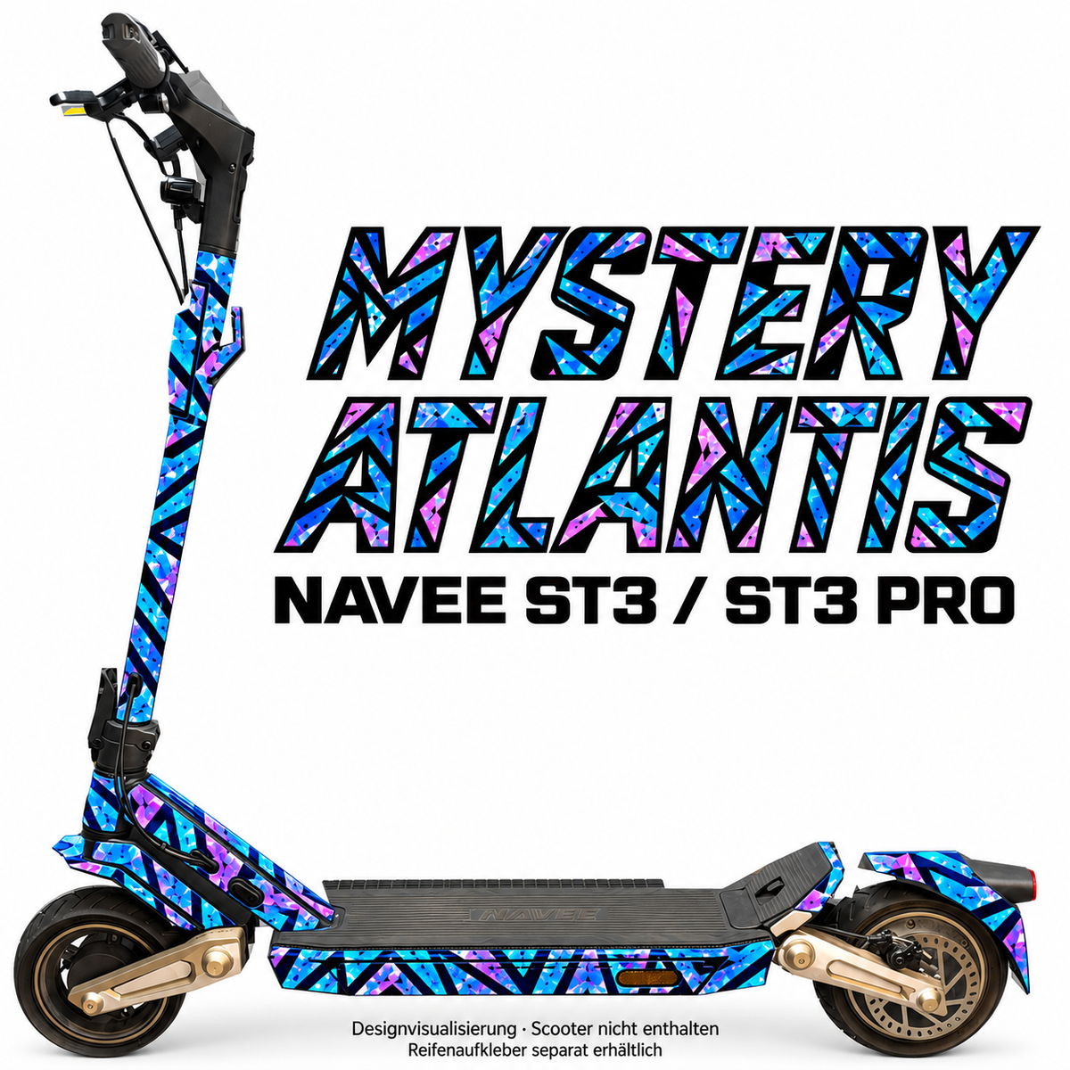 NAVEE ST3 / ST3 Pro Skin – MYSTERY ATLANTIS – Designvisualisierung auf den geprüften ST3-Folienflächen. Scooter nicht enthalten. Reifenaufkleber separat erhältlich.
