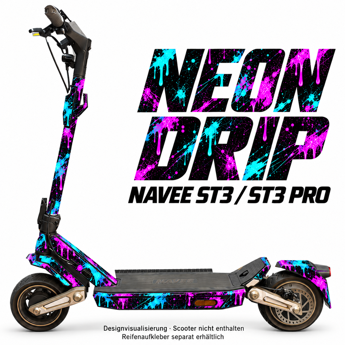 NAVEE ST3 / ST3 Pro Skin – NEON DRIP – Designvisualisierung auf den geprüften ST3-Folienflächen. Scooter nicht enthalten. Reifenaufkleber separat erhältlich.