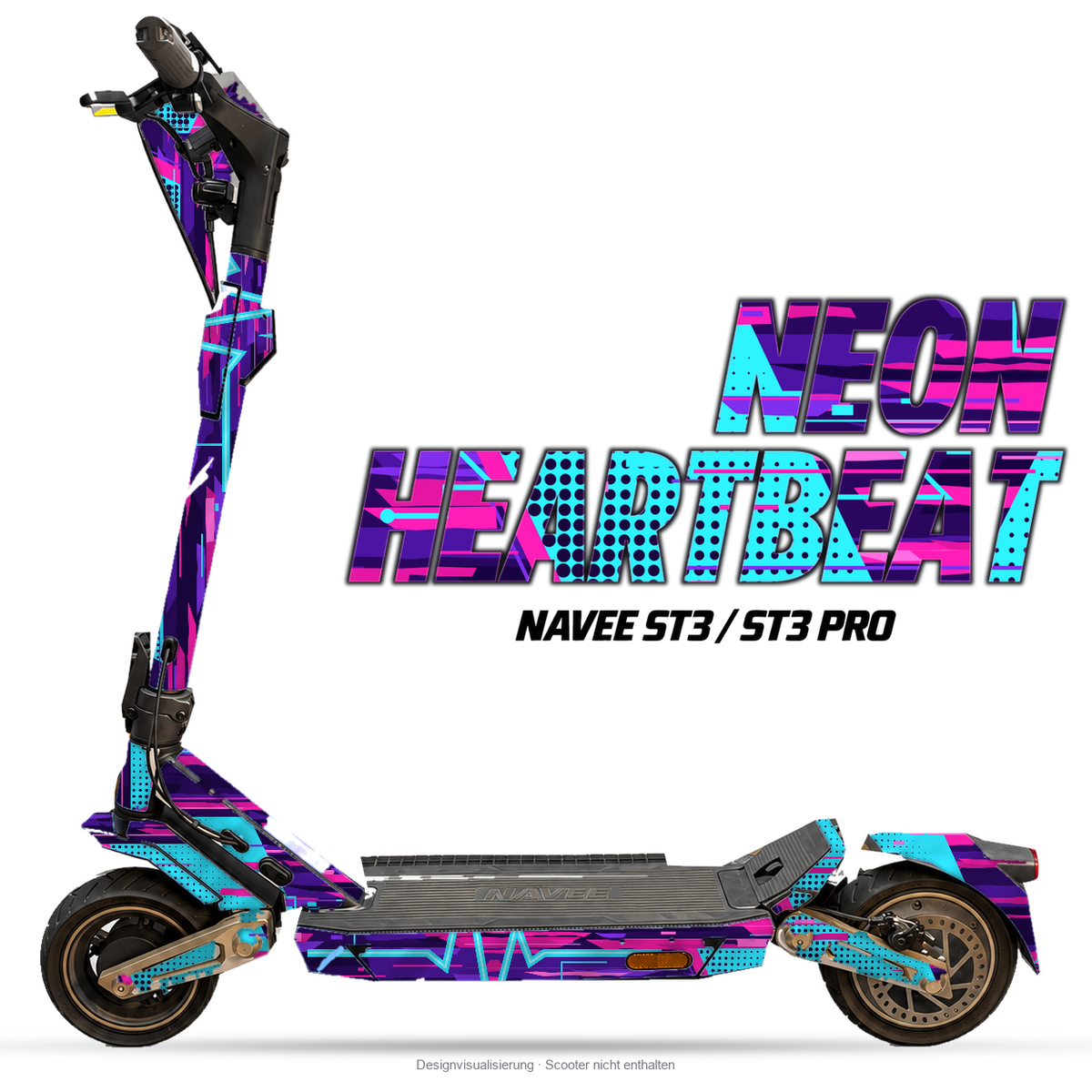 NEON HEARTBEAT – Designvisualisierung am NAVEE ST3 / ST3 Pro. Scooter nicht enthalten.