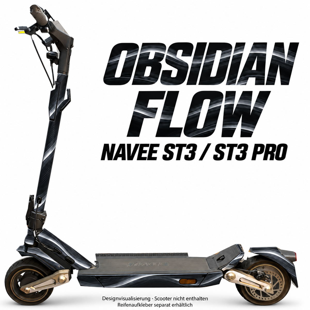 NAVEE ST3 / ST3 Pro Skin – OBSIDIAN FLOW – Designvisualisierung auf den geprüften ST3-Folienflächen. Scooter nicht enthalten. Reifenaufkleber separat erhältlich.
