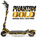 NAVEE ST3 / ST3 Pro Skin – PHANTOM GOLD – Designvisualisierung auf den geprüften ST3-Folienflächen. Scooter nicht enthalten. Reifenaufkleber separat erhältlich.