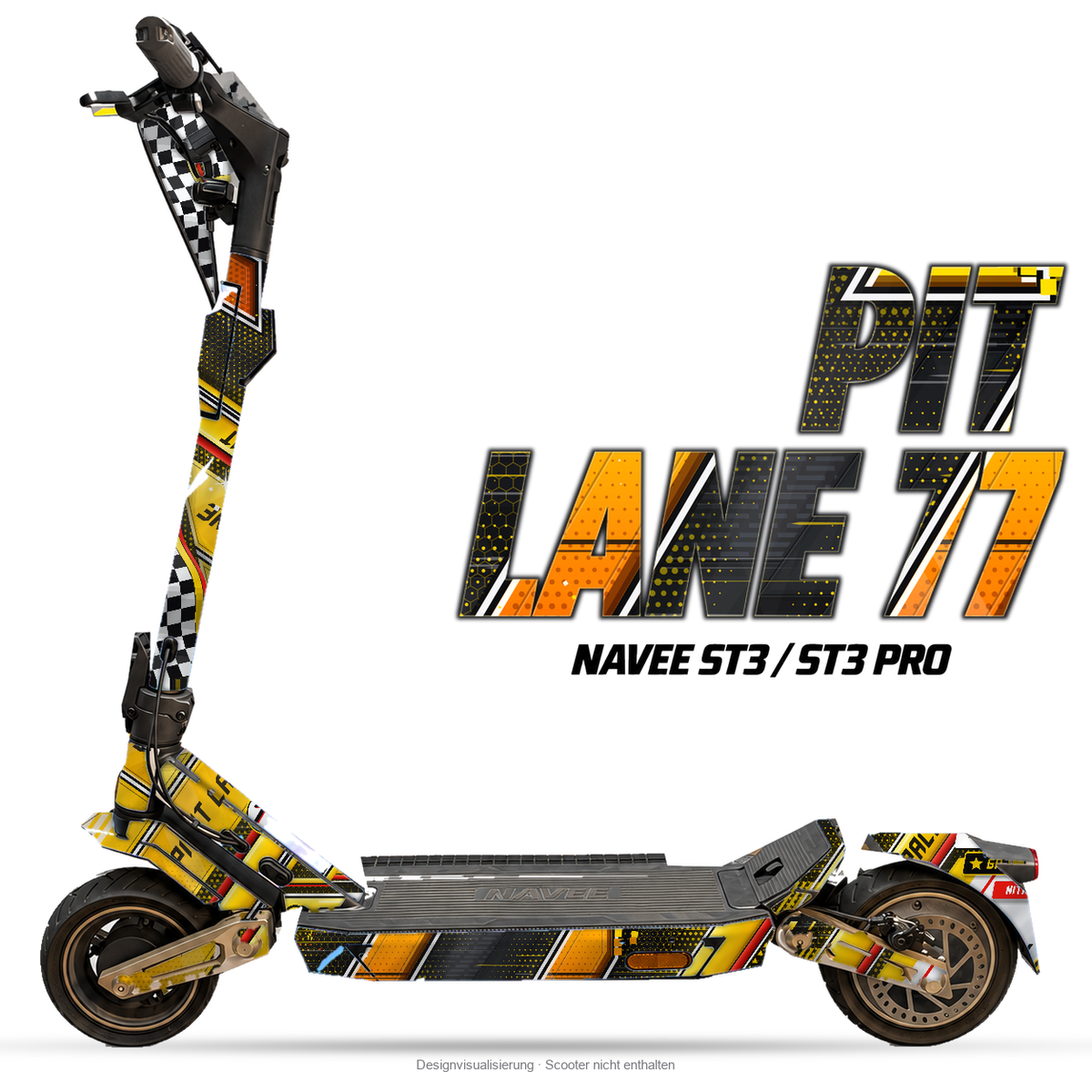 PIT LANE 77 – Designvisualisierung am NAVEE ST3 / ST3 Pro. Scooter nicht enthalten.