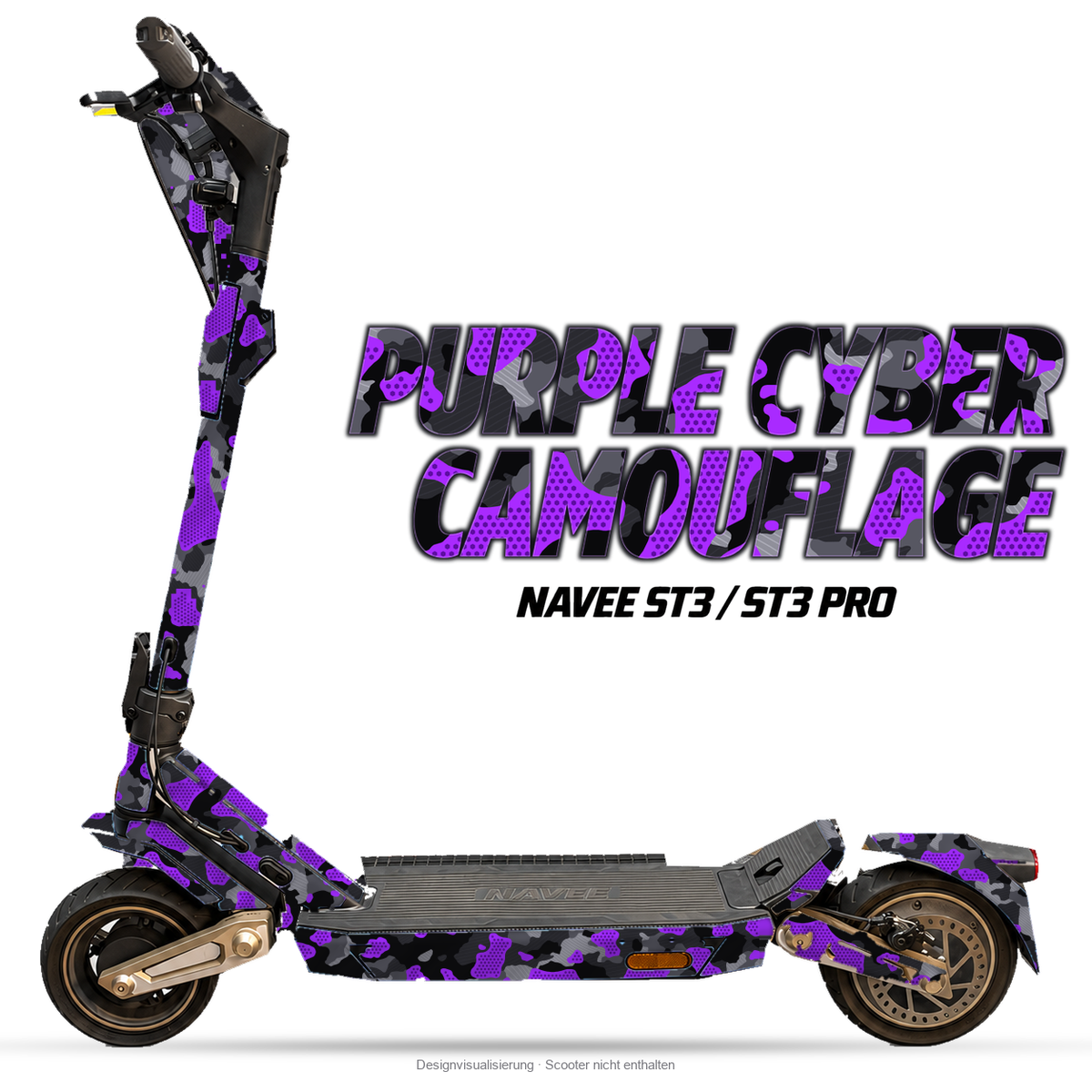PURPLE CYBER CAMOUFLAGE – Designvisualisierung am NAVEE ST3 / ST3 Pro. Scooter nicht enthalten.