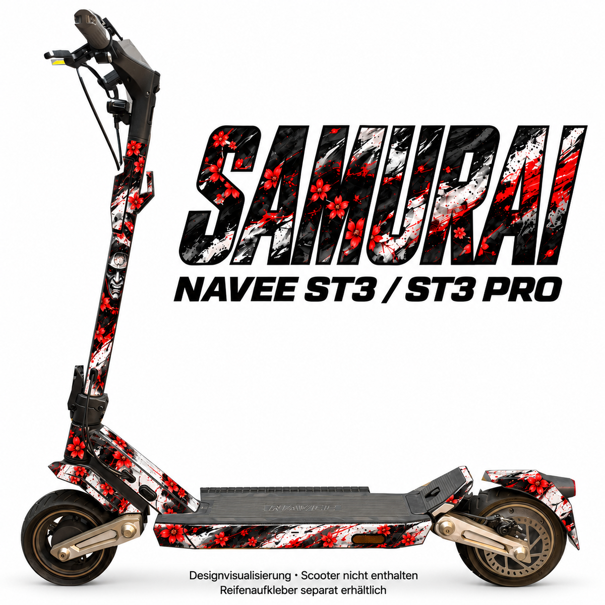 NAVEE ST3 / ST3 Pro Skin – SAMURAI – Designvisualisierung auf den geprüften ST3-Folienflächen. Scooter nicht enthalten. Reifenaufkleber separat erhältlich.