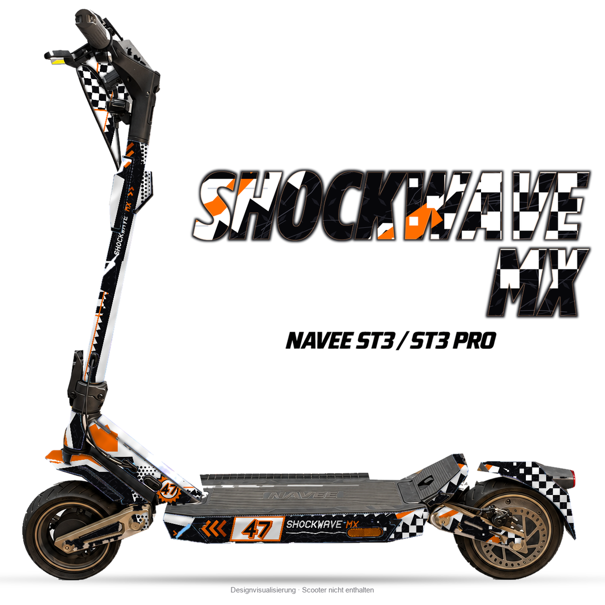 SHOCKWAVE MX – Designvisualisierung am NAVEE ST3 / ST3 Pro. Scooter nicht enthalten.