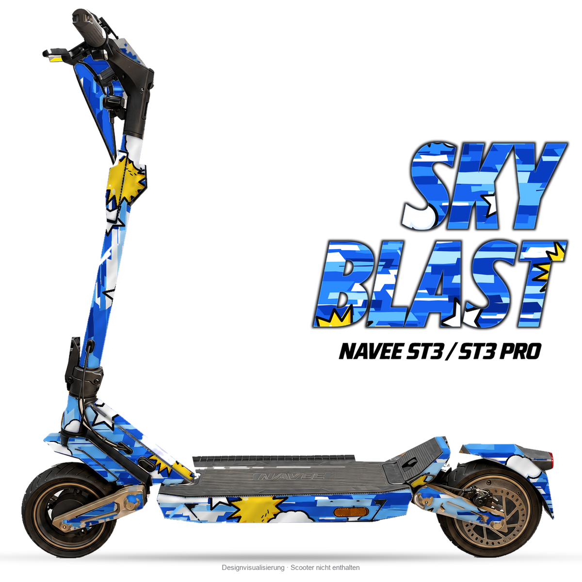 SKY BLAST – Designvisualisierung am NAVEE ST3 / ST3 Pro. Scooter nicht enthalten.