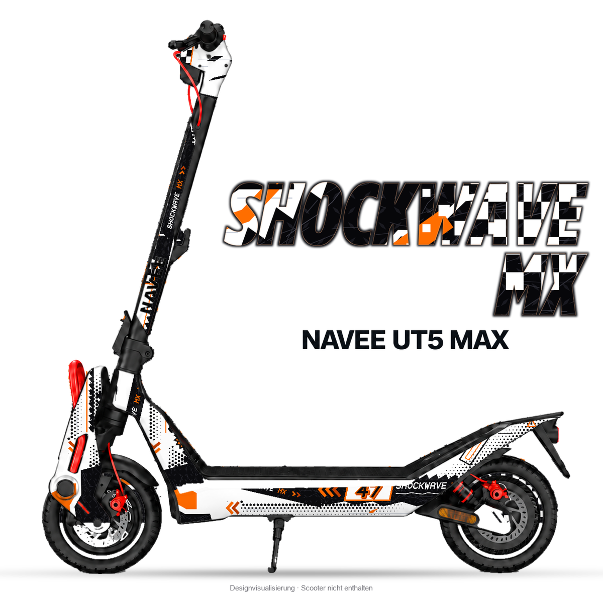 SHOCKWAVE MX – Designvisualisierung am NAVEE UT5 Max. Scooter nicht enthalten.