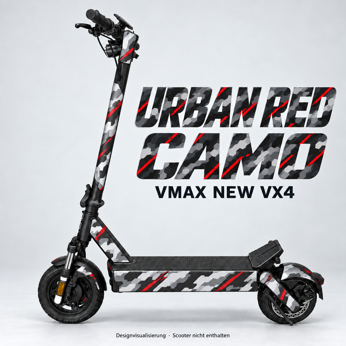 VMAX NEW VX4 SKIN | URBAN RED CAMO – Designvisualisierung am passenden Scooter. Scooter nicht enthalten.