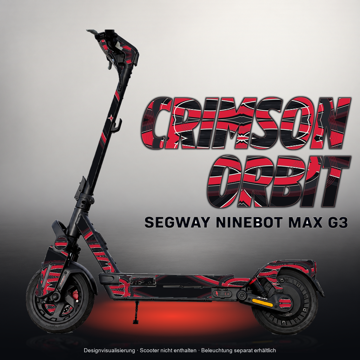 CRIMSON ORBIT – Designvisualisierung am Segway Ninebot G3 / G3 D / G3 E. Scooter nicht enthalten.