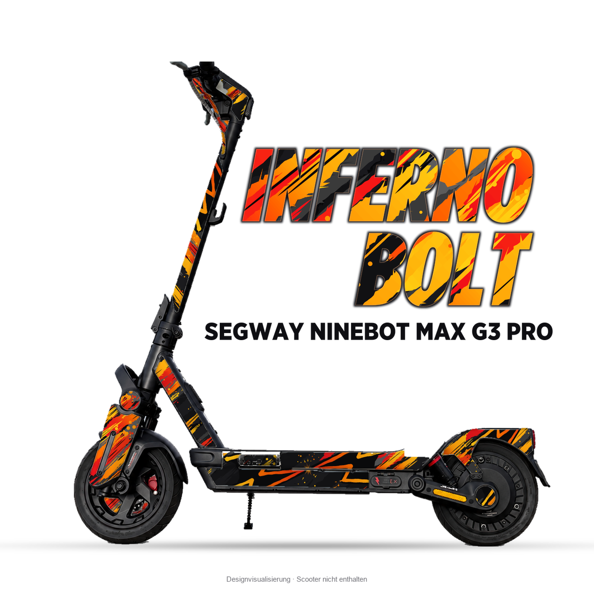 INFERNO BOLT – Designvisualisierung am Segway Ninebot MAX G3 Pro. Scooter nicht enthalten.
