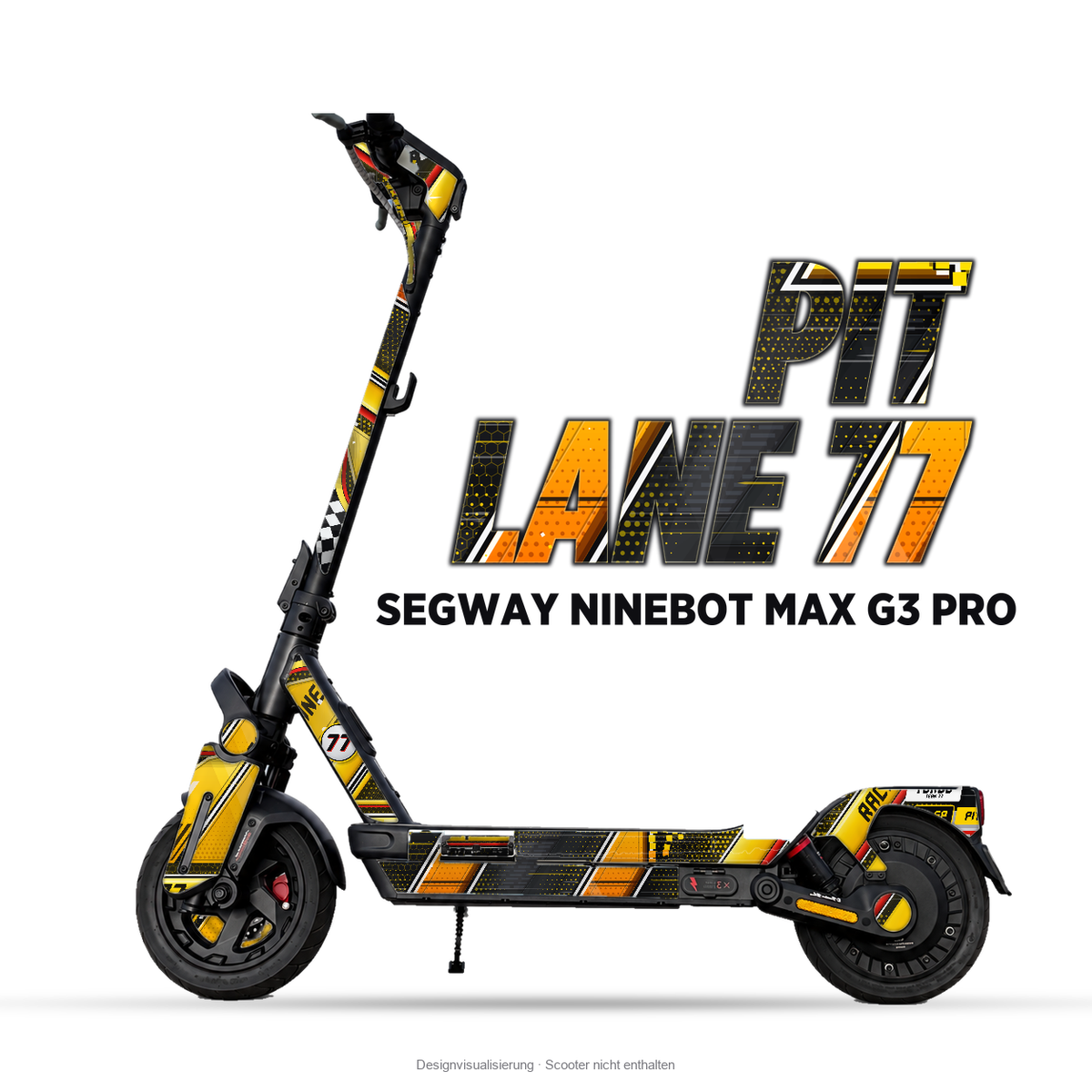 PIT LANE 77 – Designvisualisierung am Segway Ninebot MAX G3 Pro. Scooter nicht enthalten.