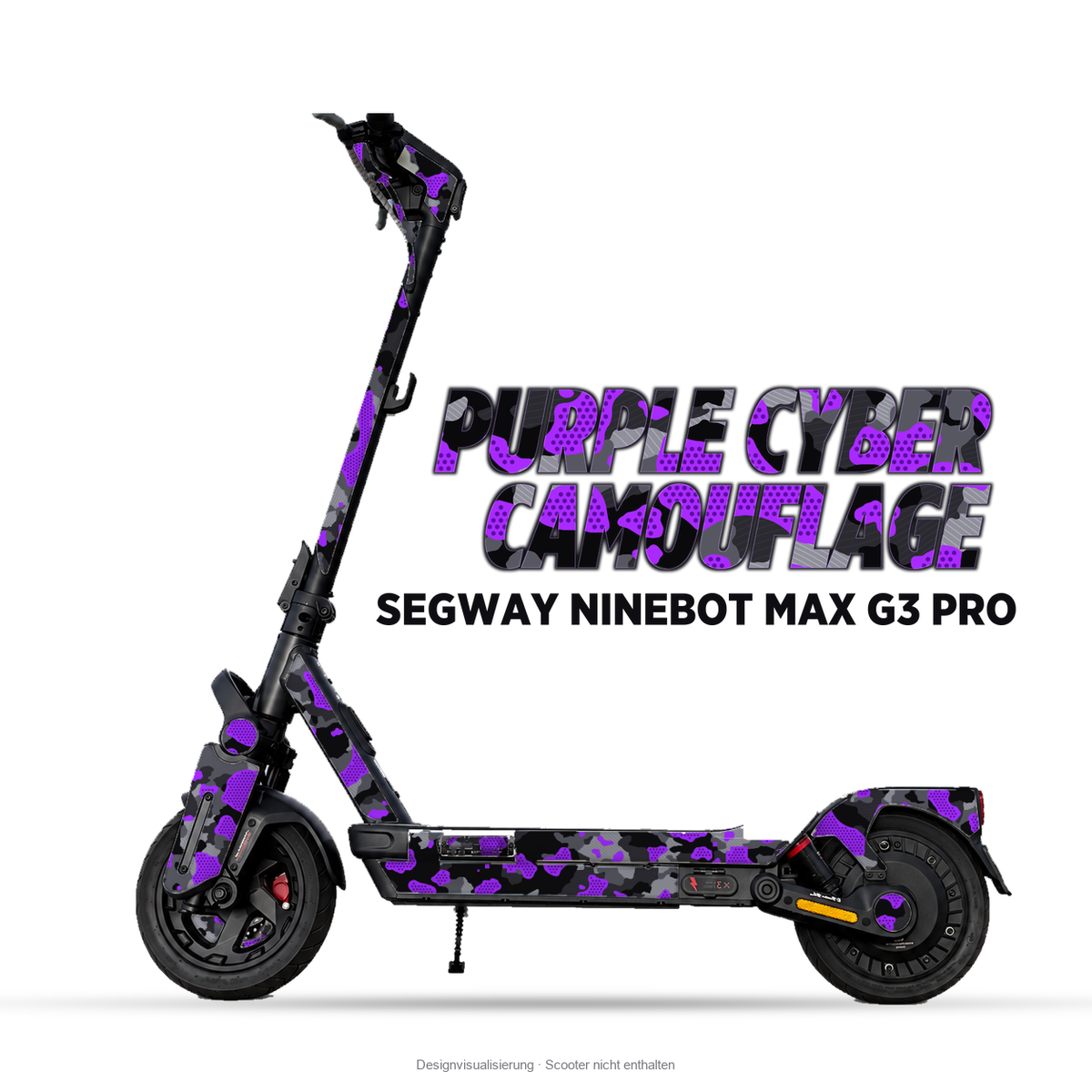 PURPLE CYBER CAMOUFLAGE – Designvisualisierung am Segway Ninebot MAX G3 Pro. Scooter nicht enthalten.