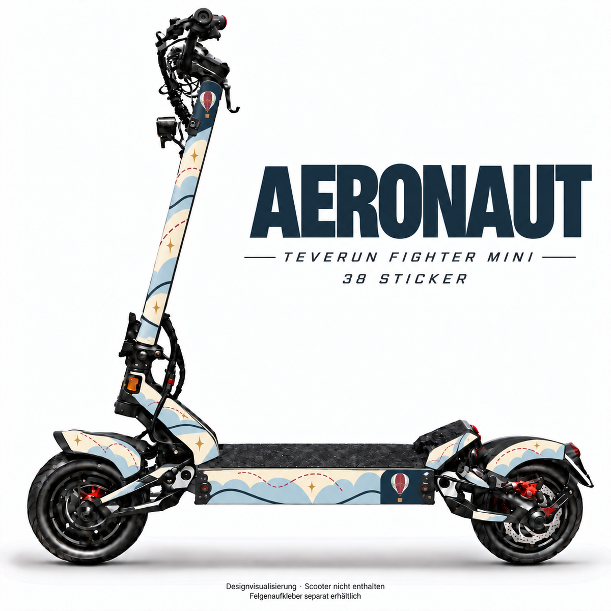 AERONAUT Skin am Teverun Fighter Mini – Designvisualisierung, Felgenaufkleber separat