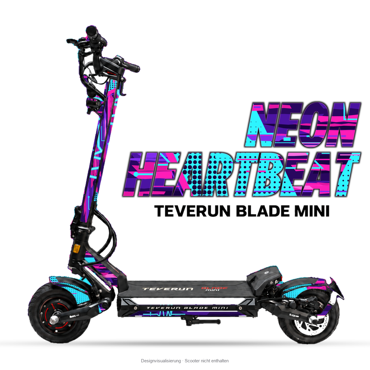 NEON HEARTBEAT – Designvisualisierung am Teverun Blade Mini. Scooter nicht enthalten.
