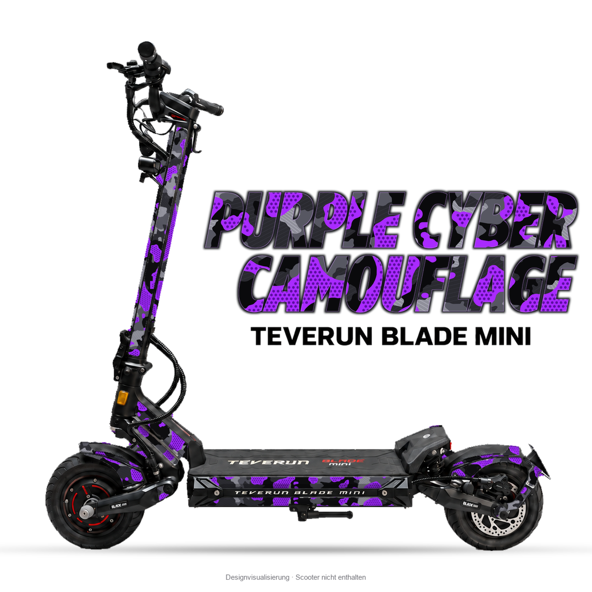 PURPLE CYBER CAMOUFLAGE – Designvisualisierung am Teverun Blade Mini. Scooter nicht enthalten.