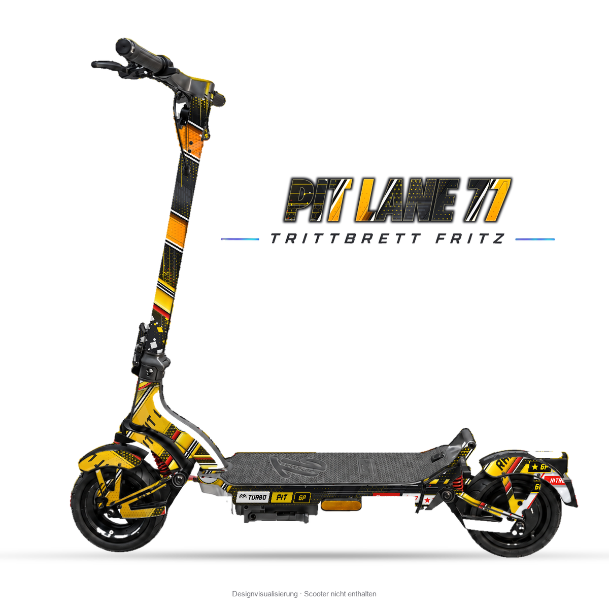 PIT LANE 77 – Designvisualisierung am Trittbrett Fritz. Scooter nicht enthalten.