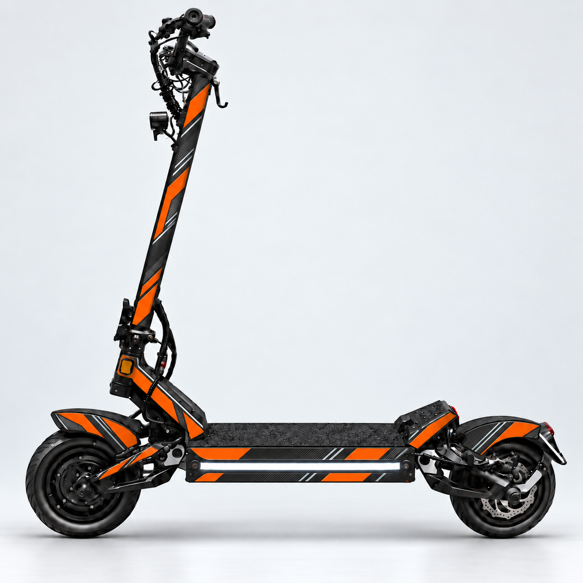 Orange Velocity – Designvisualisierung des montierten Skins am Teverun Fighter Mini. Scooter nicht enthalten.