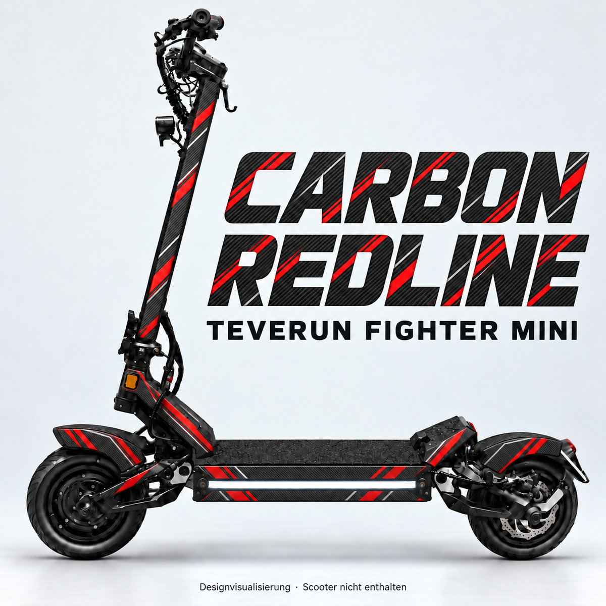 TEVERUN FIGHTER MINI SKIN | CARBON REDLINE – Designvisualisierung am passenden Scooter. Scooter nicht enthalten.