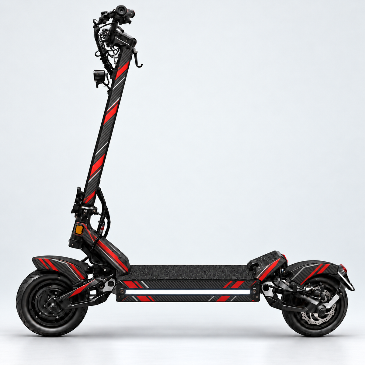 Carbon Redline – Designvisualisierung des montierten Skins am Teverun Fighter Mini. Scooter nicht enthalten.