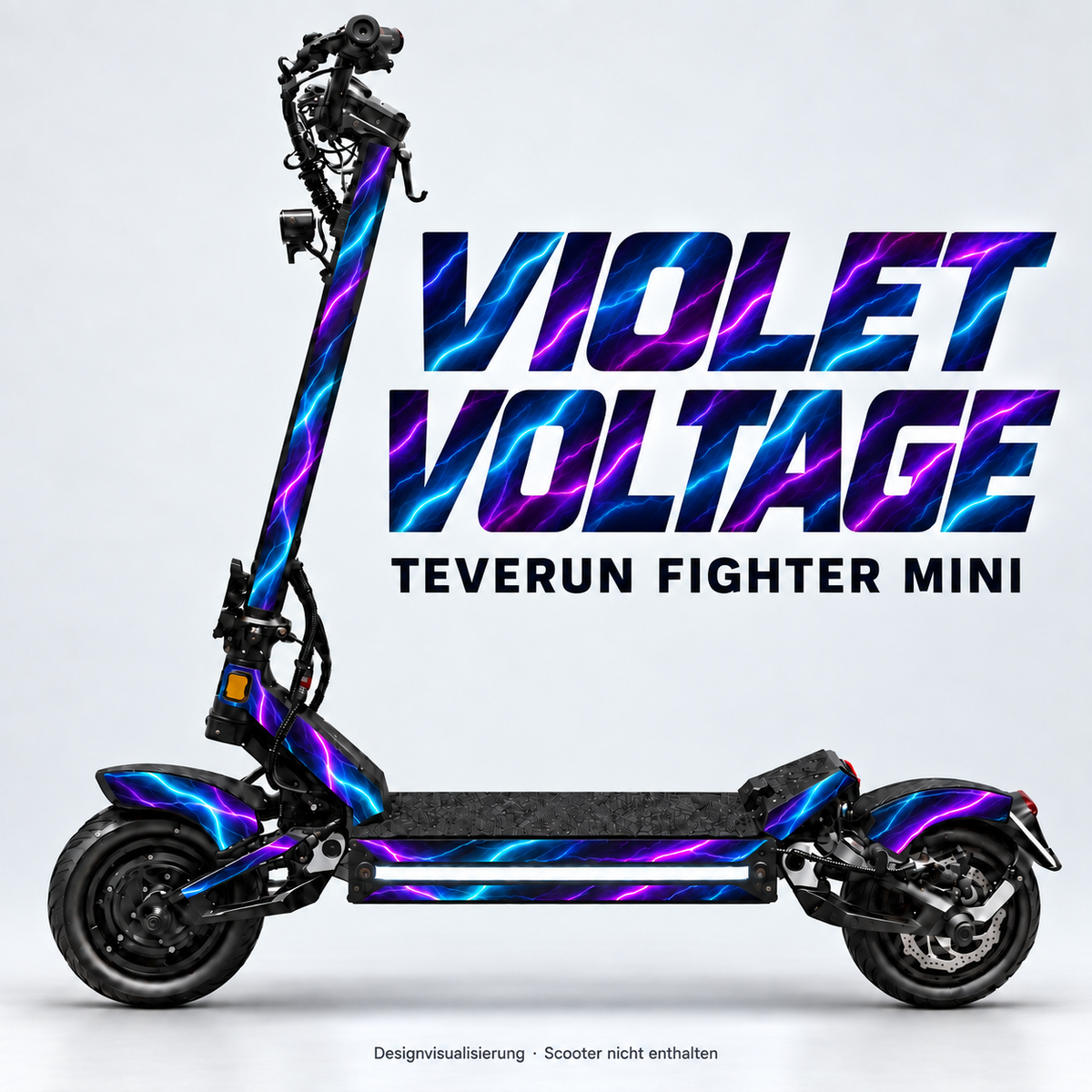 TEVERUN FIGHTER MINI SKIN | VIOLET VOLTAGE – Designvisualisierung am passenden Scooter. Scooter nicht enthalten.