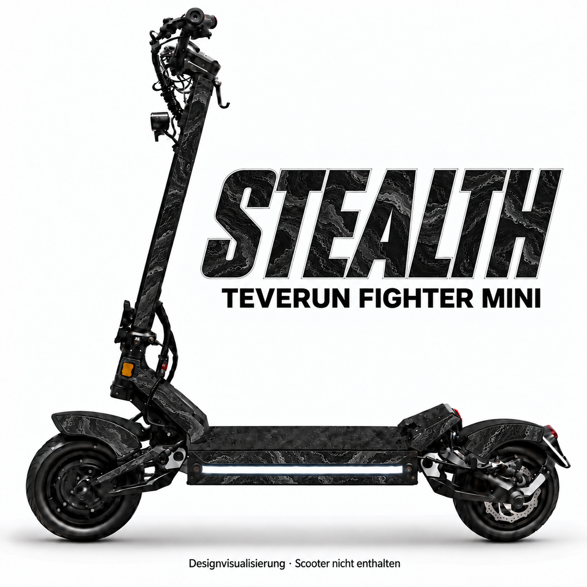 STEALTH – Designvisualisierung am Teverun Fighter Mini. Scooter nicht enthalten.