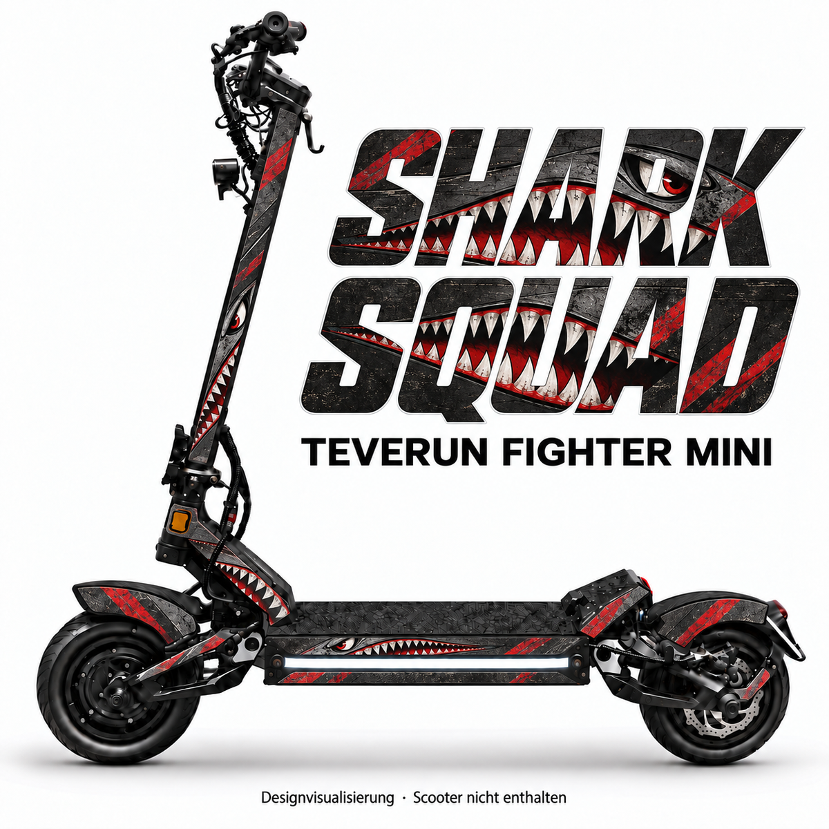 SHARK SQUAD – Designvisualisierung am Teverun Fighter Mini. Scooter nicht enthalten.