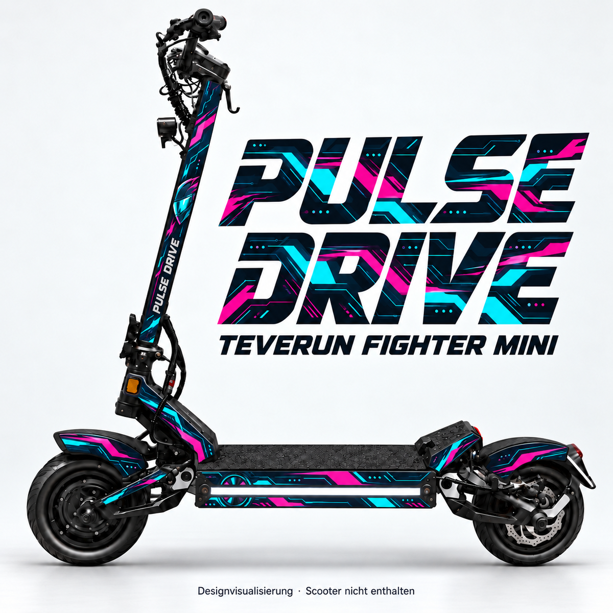 TEVERUN FIGHTER MINI SKIN | PULSE DRIVE – Designvisualisierung am passenden Scooter. Scooter nicht enthalten.