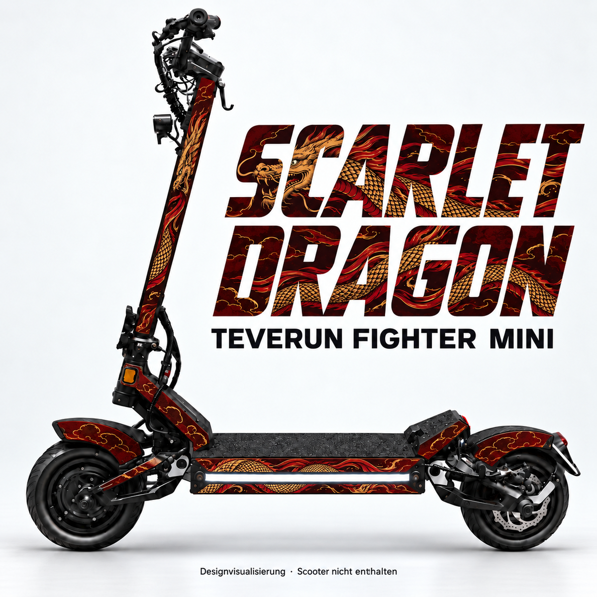 TEVERUN FIGHTER MINI SKIN | SCARLET DRAGON – Designvisualisierung am passenden Scooter. Scooter nicht enthalten.