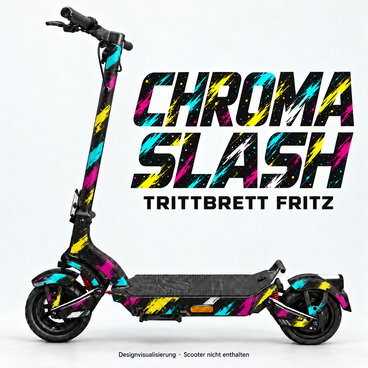 TRITTBRETT FRITZ SKIN | CHROMA SLASH – Designvisualisierung am passenden Scooter. Scooter nicht enthalten.