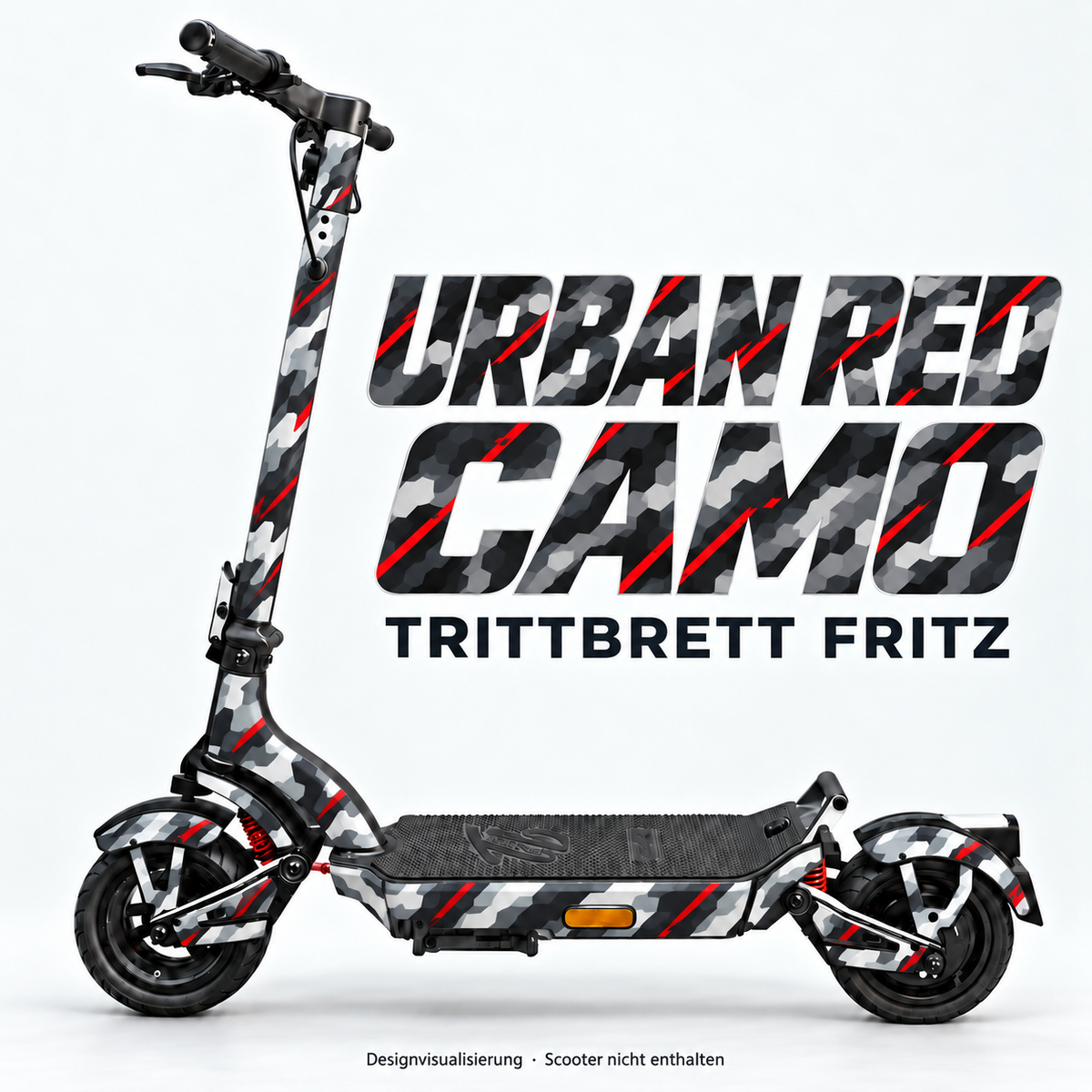 TRITTBRETT FRITZ SKIN | URBAN RED CAMO – Designvisualisierung am passenden Scooter. Scooter nicht enthalten.