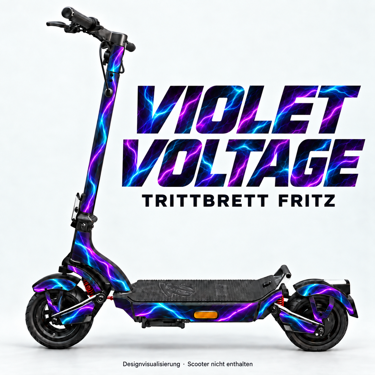 TRITTBRETT FRITZ SKIN | VIOLET VOLTAGE – Designvisualisierung am passenden Scooter. Scooter nicht enthalten.