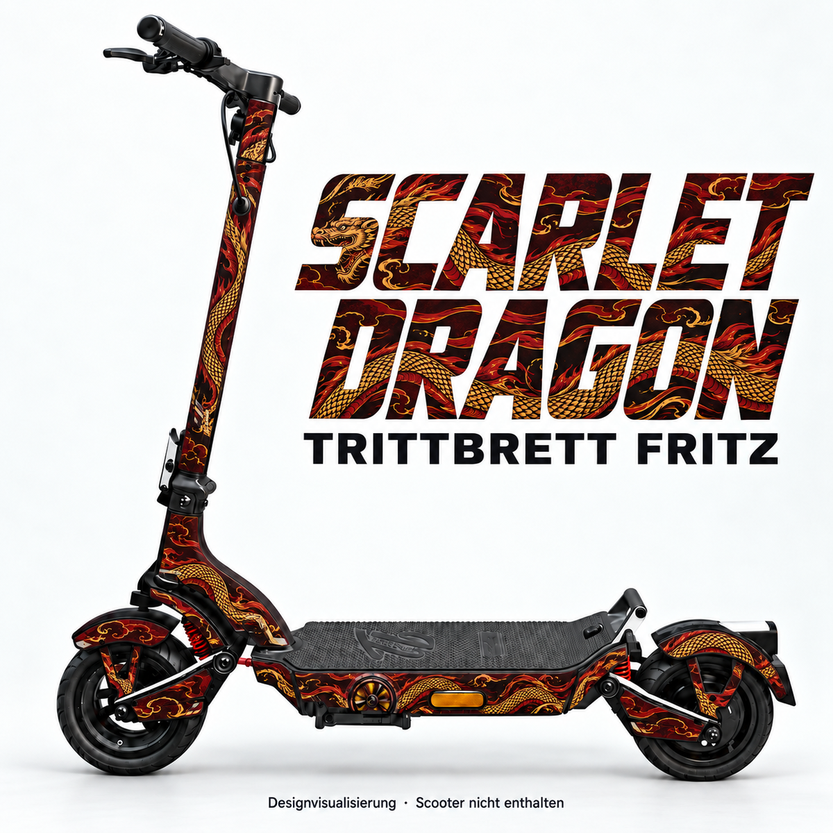 TRITTBRETT FRITZ SKIN | SCARLET DRAGON – Designvisualisierung am passenden Scooter. Scooter nicht enthalten.