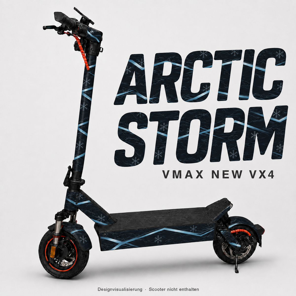 ARCTIC STORM Skin in Anthrazit und Eisblau mit Bruchlinien und Schneekristallen für VMAX NEW VX4 – digitale Designvisualisierung; Scooter, Kabelschutz und Trittmatte nicht enthalten