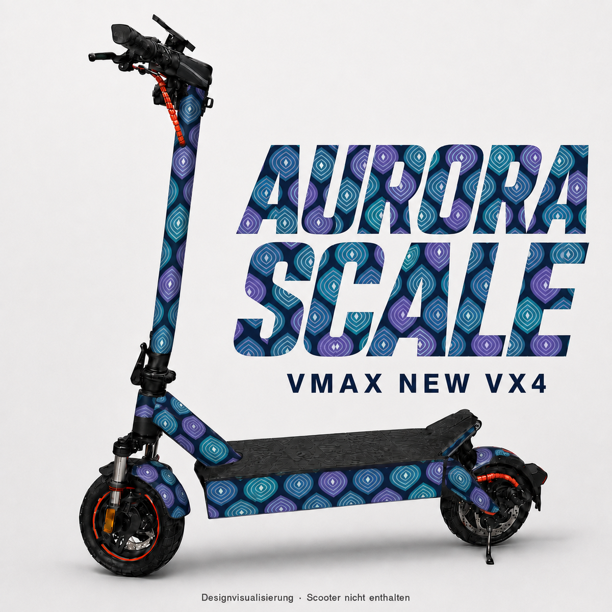 AURORA SCALE Skin für VMAX NEW VX4: türkis-blaue und lavendelfarbene Schuppenornamente auf Marineblau – digitale Designvisualisierung, Scooter nicht enthalten