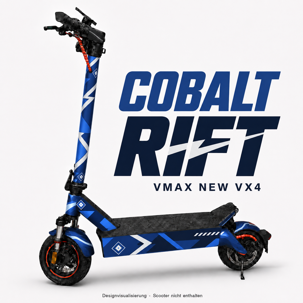 COBALT RIFT Skin für VMAX NEW VX4 in Kobaltblau, Hellblau und Marineblau mit kantigen Elfenbeinstreifen – digitale Designvisualisierung, Scooter nicht enthalten