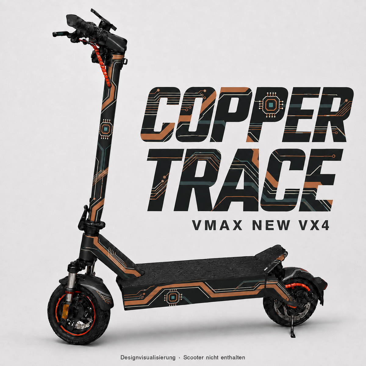 COPPER TRACE Skin für VMAX NEW VX4: kupferfarbene Leiterbahnen auf Anthrazit – digitale Designvisualisierung, Scooter nicht enthalten