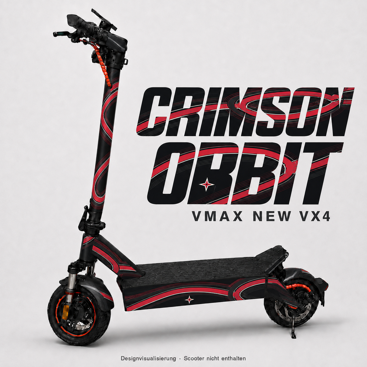 CRIMSON ORBIT Skin für VMAX NEW VX4 – karminrote Orbitalbögen und helle Konturen auf Schwarz mit eigenem Orbit-Emblem; digitale Designvisualisierung