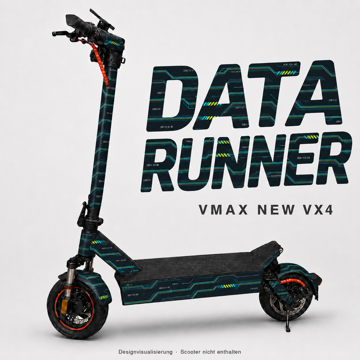 DATA RUNNER Skin in dunklem Petrol mit türkisen und limettengelben Circuit-Linien für VMAX NEW VX4 – digitale Designvisualisierung; Scooter, Kabelschutz und Trittmatte nicht enthalten