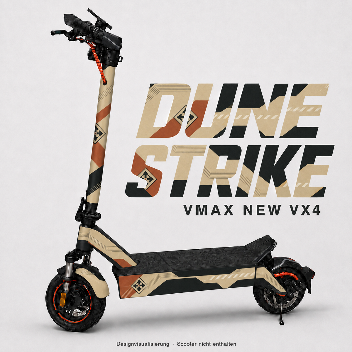 DUNE STRIKE Skin für VMAX NEW VX4 in Sandbeige, Anthrazit und Kupferbraun mit kantigem Rallye-Muster – digitale Designvisualisierung, Scooter nicht enthalten