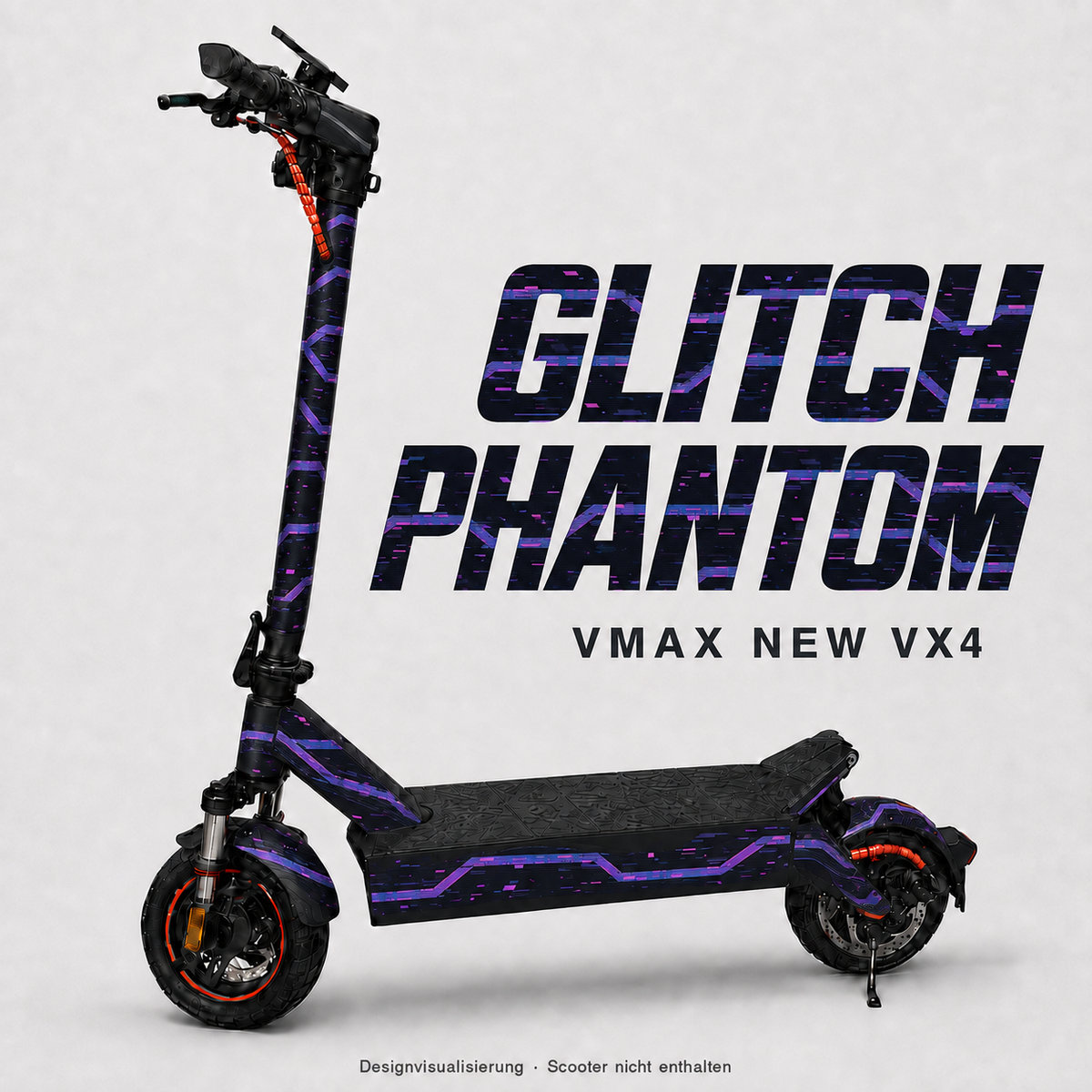 GLITCH PHANTOM Skin für VMAX NEW VX4 – violette, magentafarbene und blaue Glitch-Fragmente auf fast schwarzem Grund; digitale Designvisualisierung