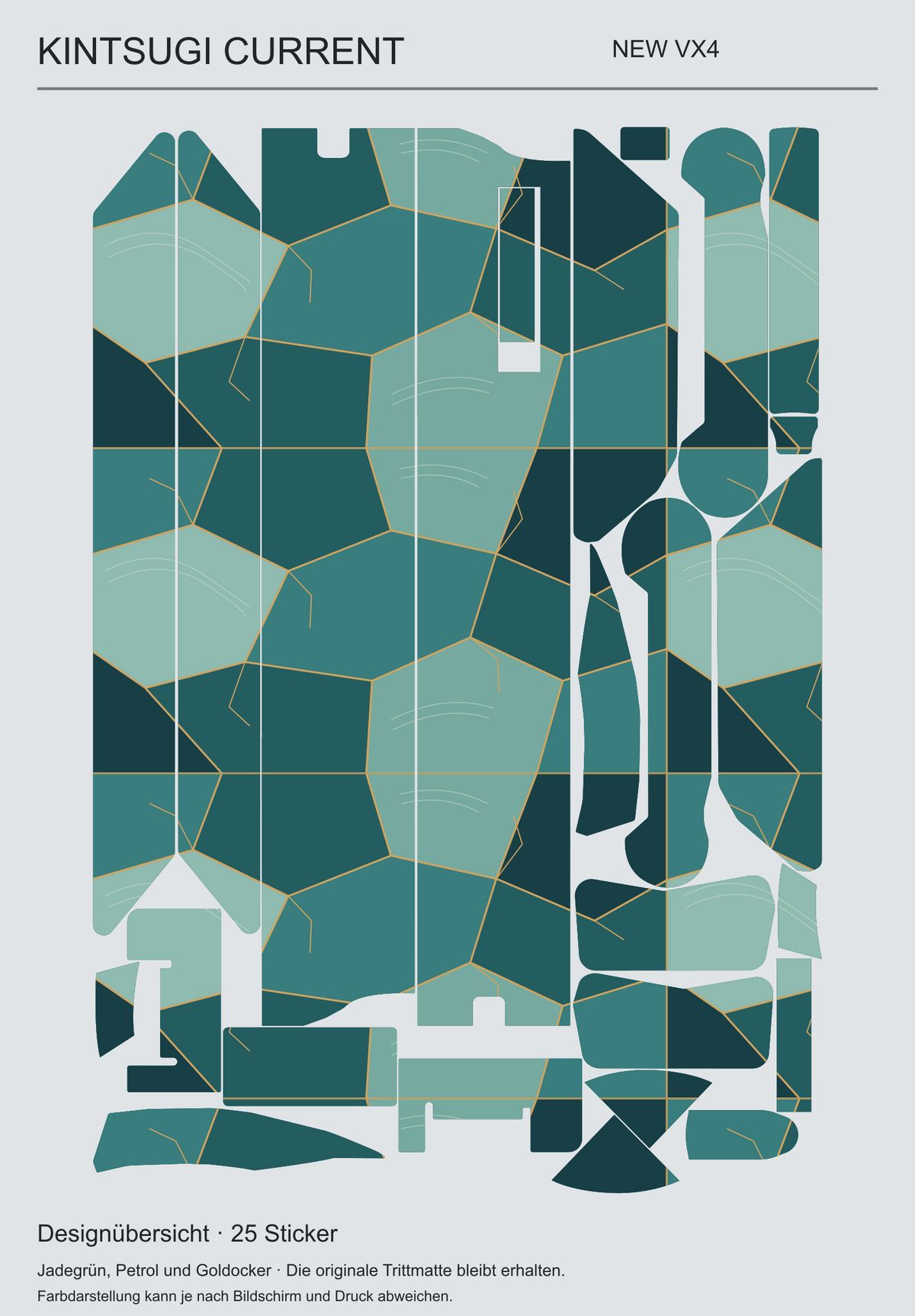 Kintsugi Current: tatsächliche Gestaltung aller 25 VX4-Skin-Teile mit originaler Aussparung in Jadegrün, Petrol und Goldocker.