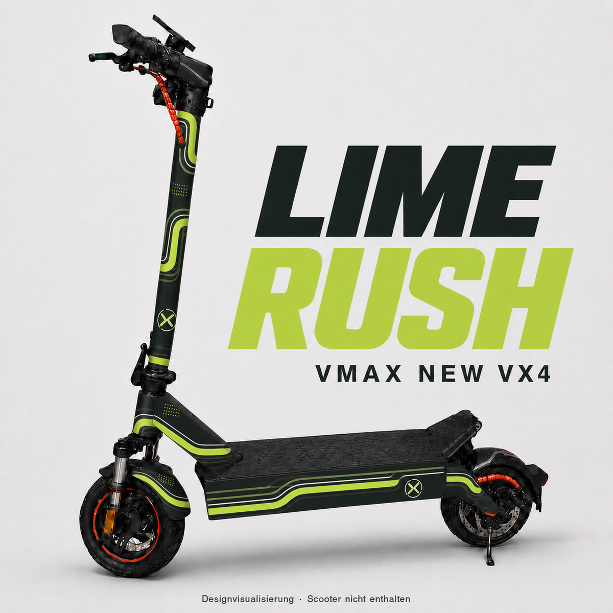 LIME RUSH Skin für VMAX NEW VX4 in Limettengrün und dunklem Grünanthrazit mit abgerundeten Racing-Linien – digitale Designvisualisierung, Scooter nicht enthalten