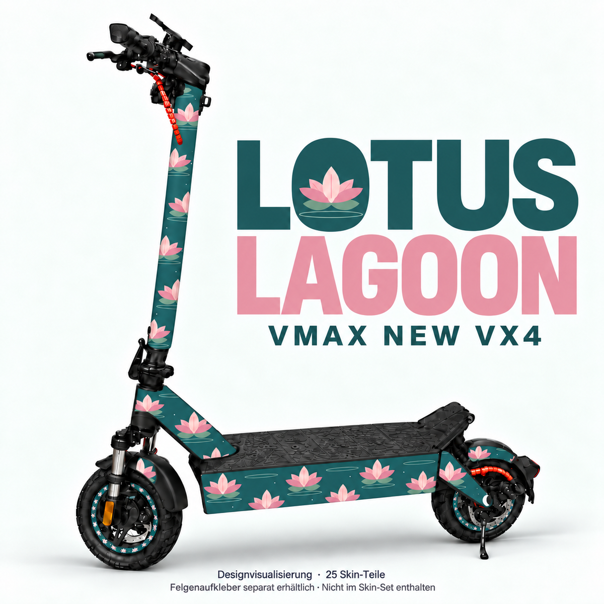 Lotus Lagoon auf VMAX NEW VX4 – rosa Lotusblüten und salbeigrüne Blätter auf Petrol. Originale schwarze Trittmatte bleibt; passende Felgen separat.