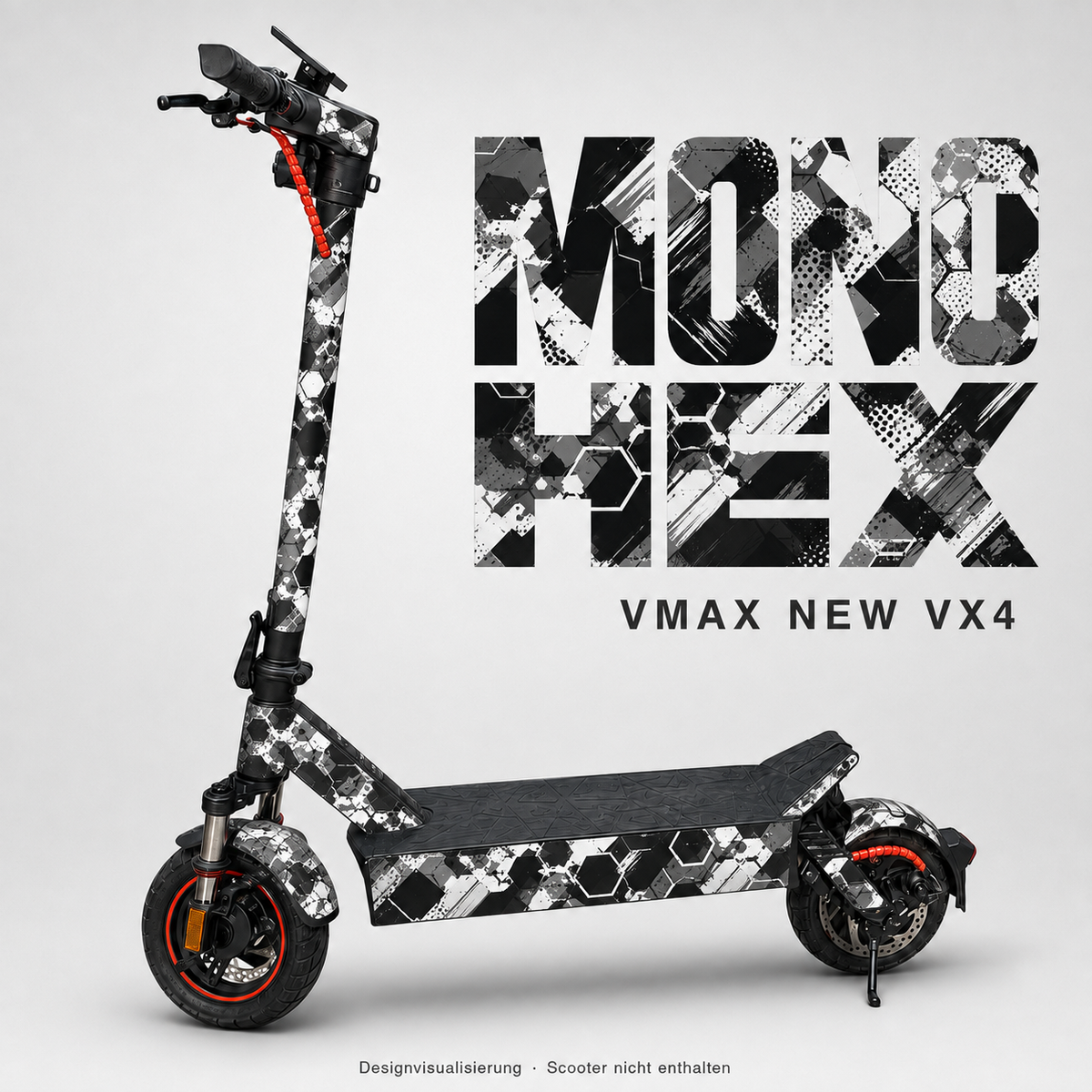 MONO HEX Skin in Schwarz, Weiß und Grau für VMAX NEW VX4 – digitale Designvisualisierung; Scooter und originale Trittmatte nicht enthalten