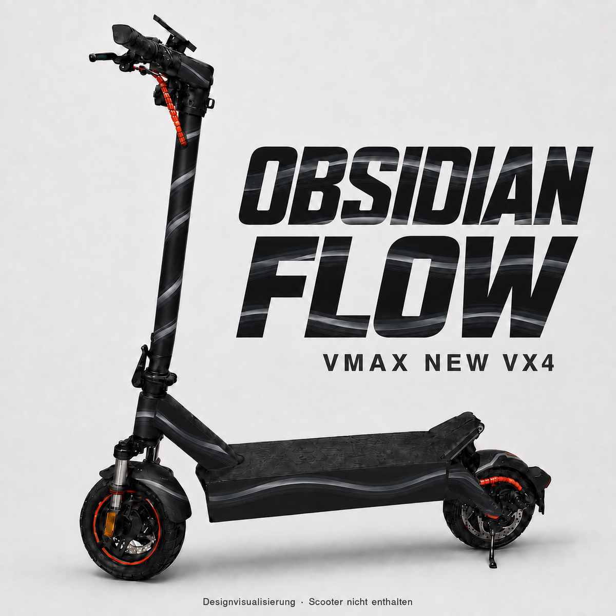 OBSIDIAN FLOW Skin für VMAX NEW VX4 – Schwarz und Graphit mit fließenden silbergrauen Bändern. Digitale Designvisualisierung; Scooter nicht enthalten.