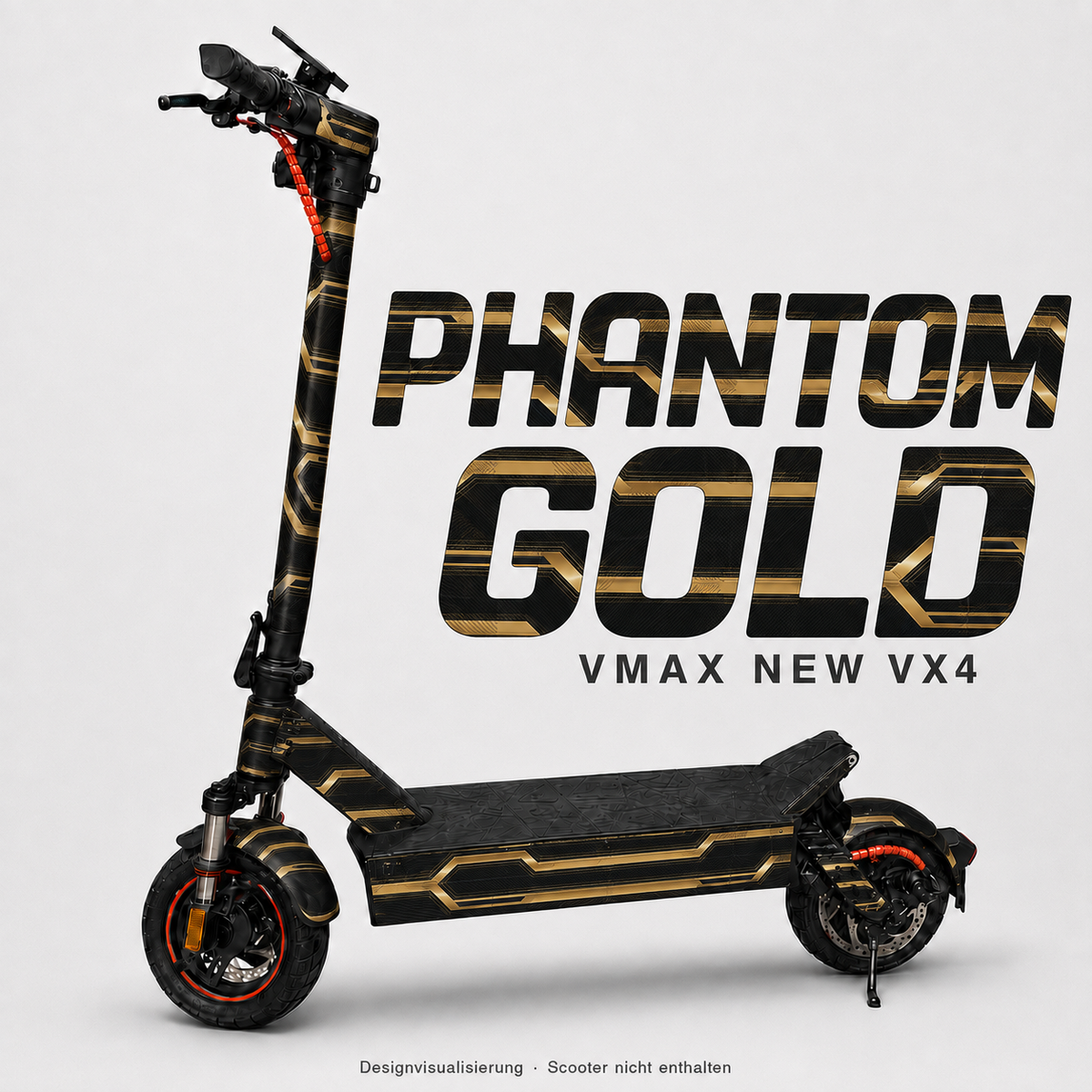PHANTOM GOLD Skin mit goldfarbenen geometrischen Bändern auf Schwarz für VMAX NEW VX4 – digitale Designvisualisierung; Scooter und Trittmatte nicht enthalten